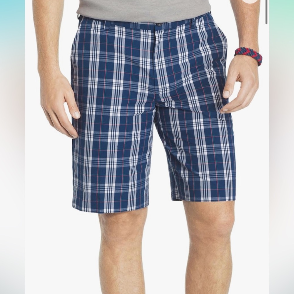 IZOD Mens Navy Blue White Plaid Saltwater Dockside‎ Chino Shorts 38 #459